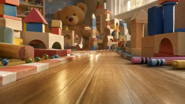 Crazy Frog AI background: Giant toy room, toy height on a wooden floor past giant blocks and a teddy bear