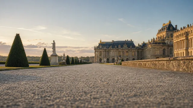 Palace garden: A gravel path past trimmed hedges and a palace